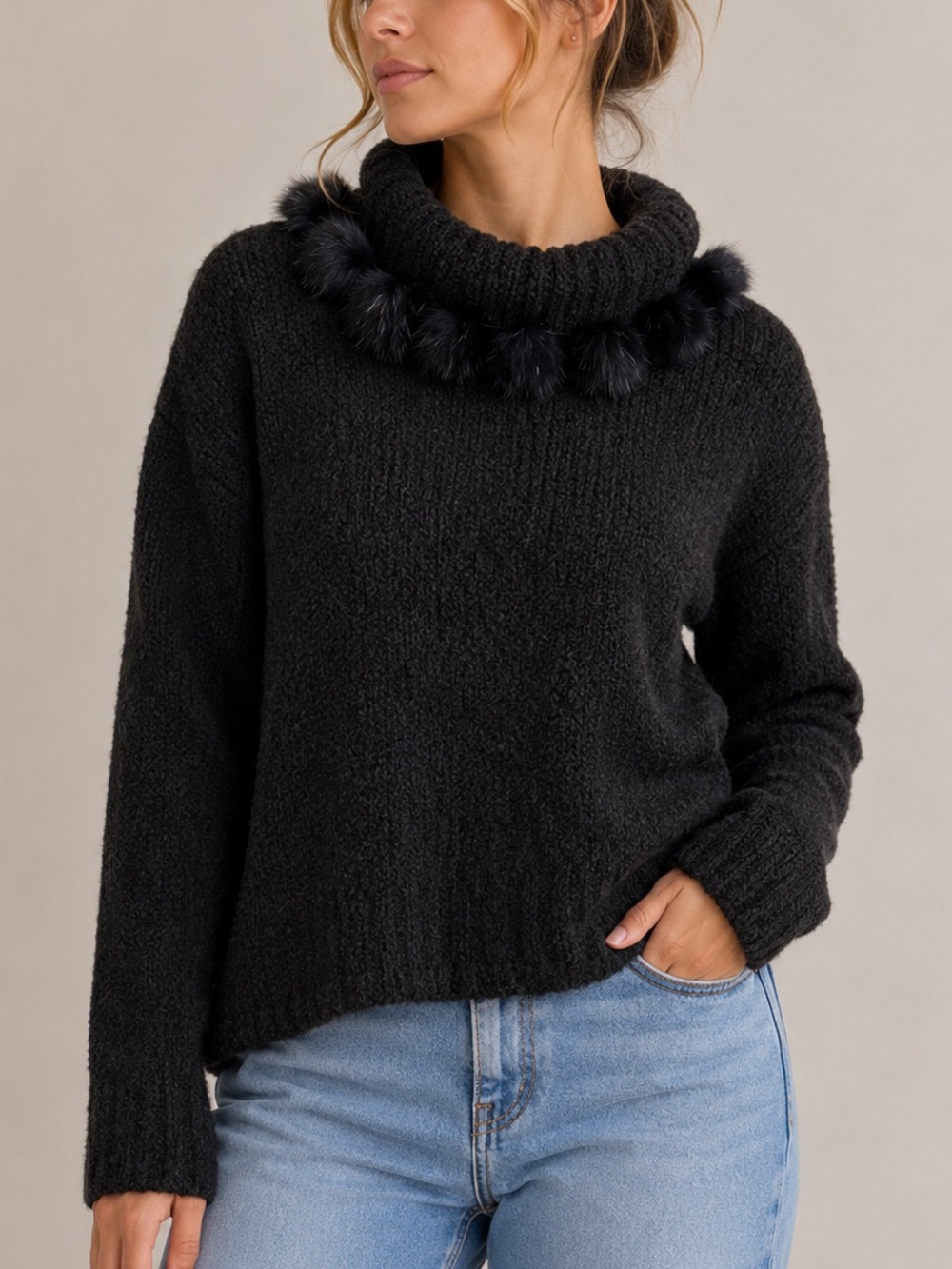 Vintage Jessica Sport Rabbit Fur Trim Cowl Neck Wool Blend Sweater Black Large